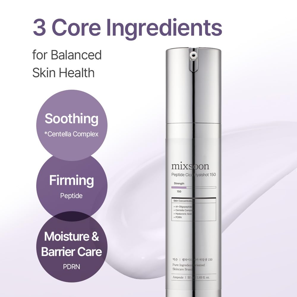 mixsoon Peptide Cica Hyalshot 150 peptides and PDRN with hyaluronic acid for moisture and resilience.