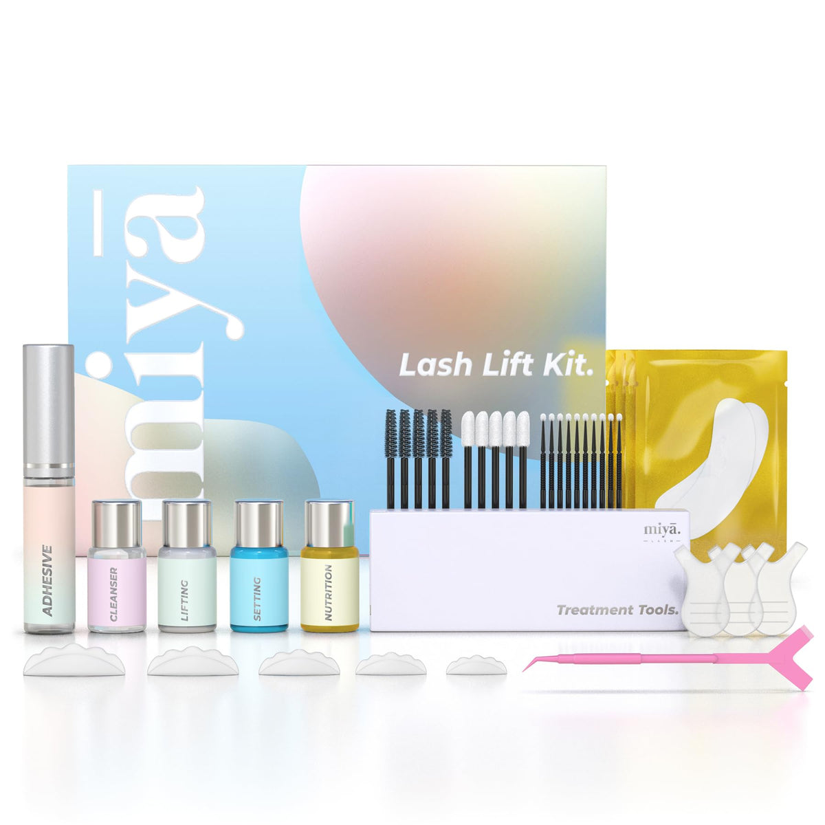 Miya Lash Keratin Lift Kit bottle and tools for at-home use
