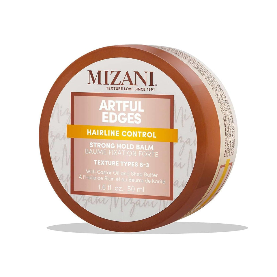 Mizani Artful Edges Edge Control Gel bottle for long-lasting, flake-free hold.