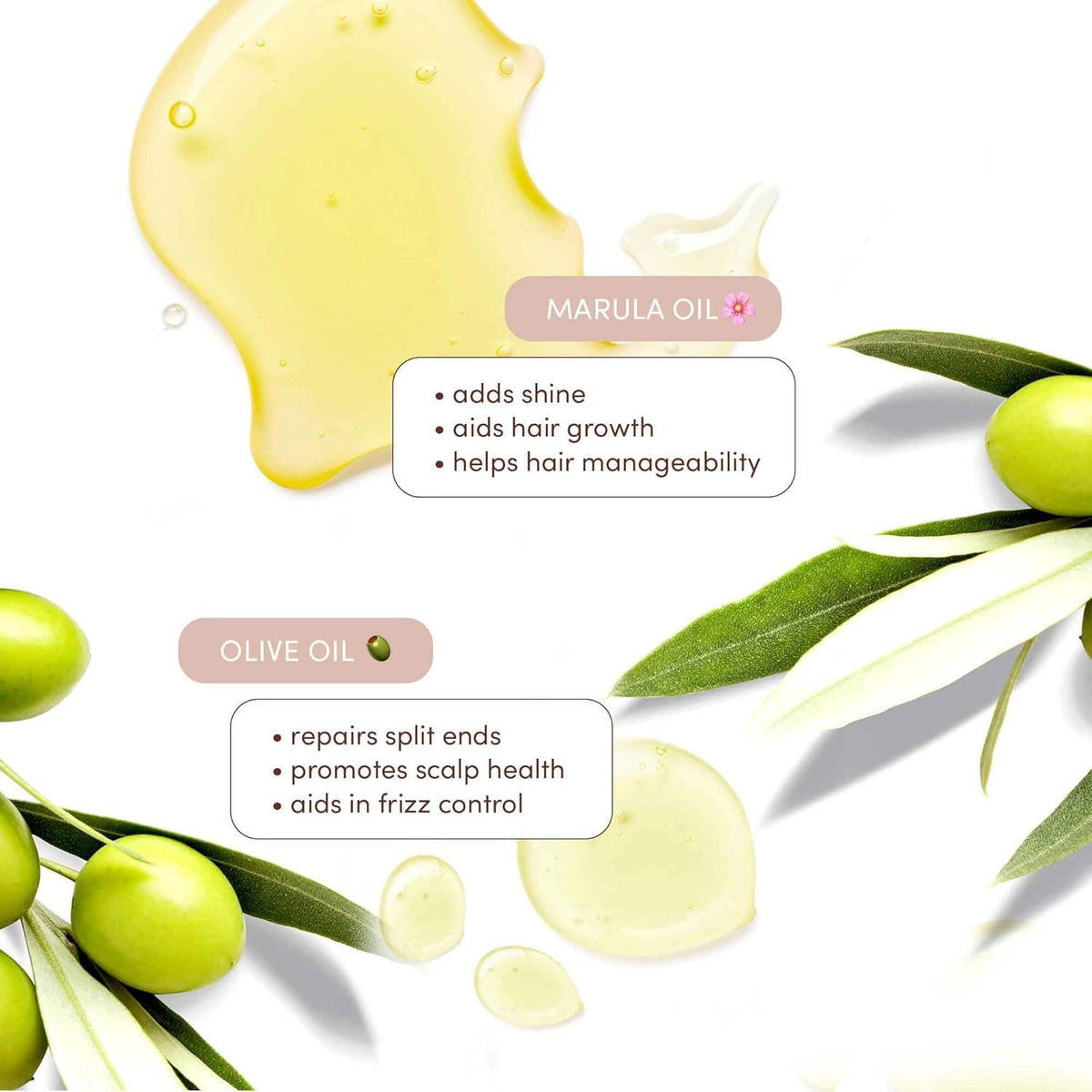 Mizani bottle emphasizes coconut, marula, and olive oil nourishment for hair