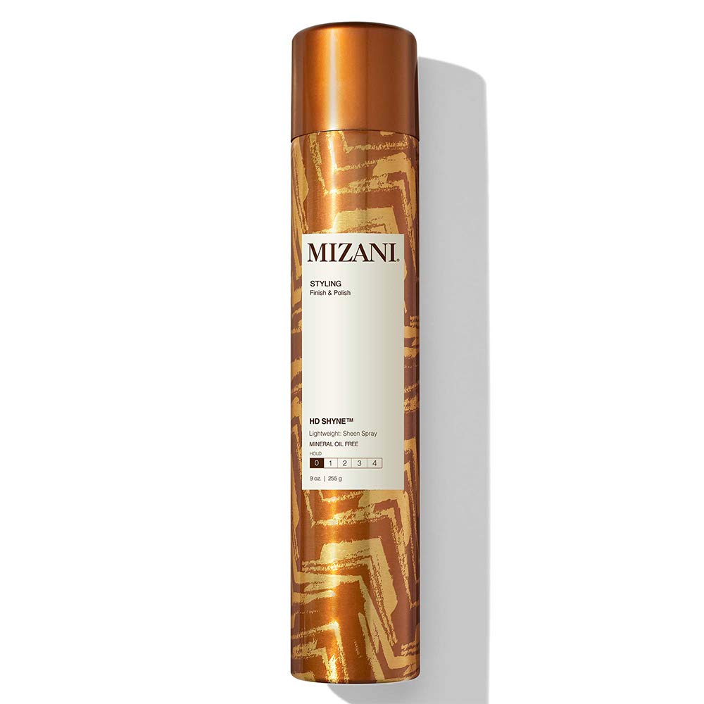 MIZANI HD Shyne bottle close-up shows weightless, oil-free shine for all hair types.