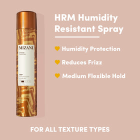 Mizani HRM mist applied to wet hair helps frizz control and shine.