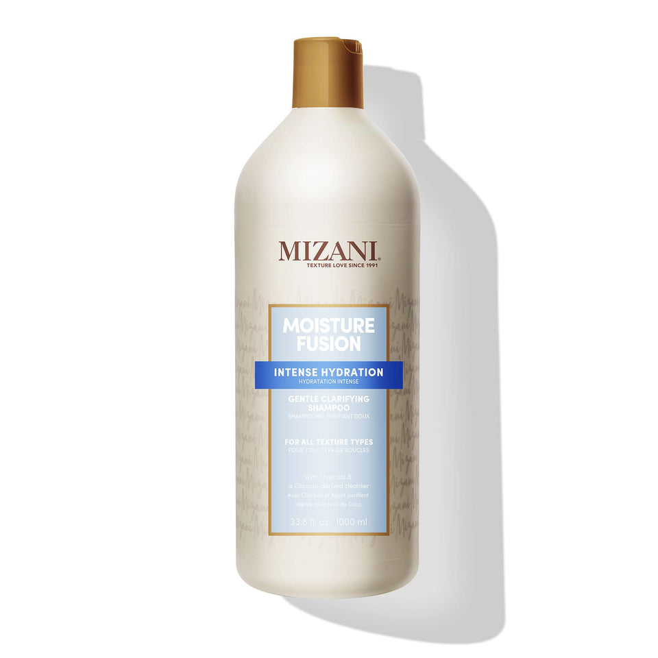 Mizani Moisture Fusion bottle front, charcoal cleanse for curly hair.