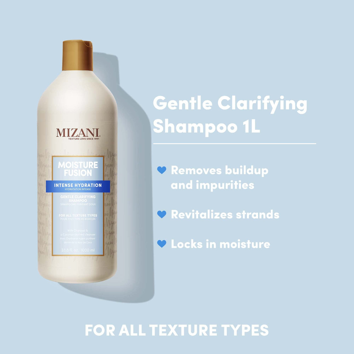 Mizani Moisture Fusion bottle pour, gentle clarifying action on scalp.