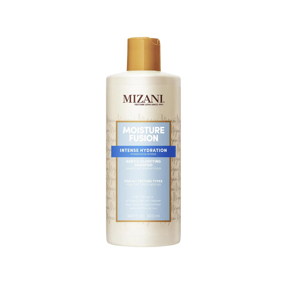 Mizani Moisture Fusion bottle clarifies while preserving moisture for curly hair.