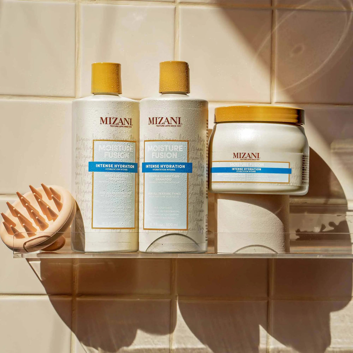 Mizani Moisture Fusion lather demonstrates gentle cleansing for textured hair.