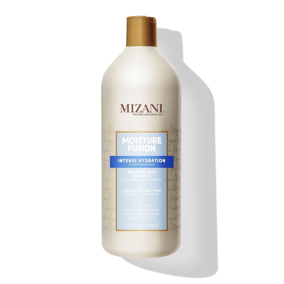 Mizani Moisture Fusion Shampoo bottle front shows hydration for dry hair