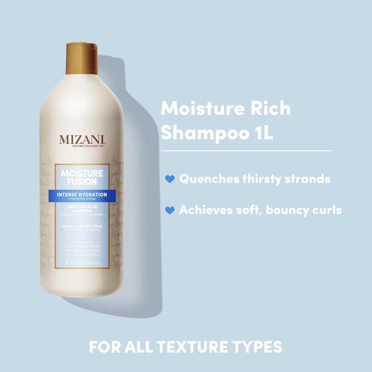 Mizani Moisture Fusion Shampoo bottle side highlights rich moisture for detangling