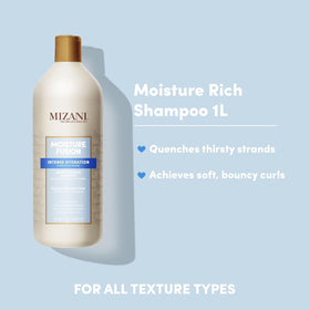 Mizani Moisture Fusion Shampoo bottle side highlights rich moisture for detangling
