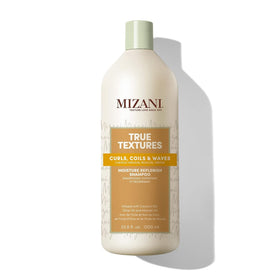 Mizani True Textures Moisture Replenish Shampoo bottle highlights hydrating curl care and shine