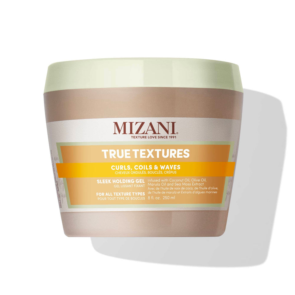 Mizani Sleek Holding Gel bottle showing flexible, long-lasting hold without crunch