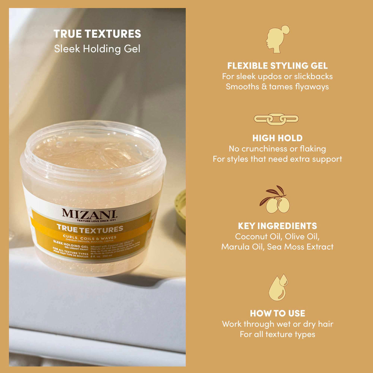 Close-up of Mizani Sleek Holding Gel texture highlighting non-crunch formula