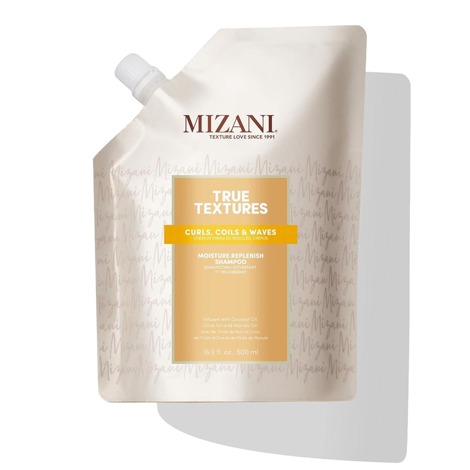 Mizani True Textures Moisture Replenish Shampoo bottle ready for a hydrating wash