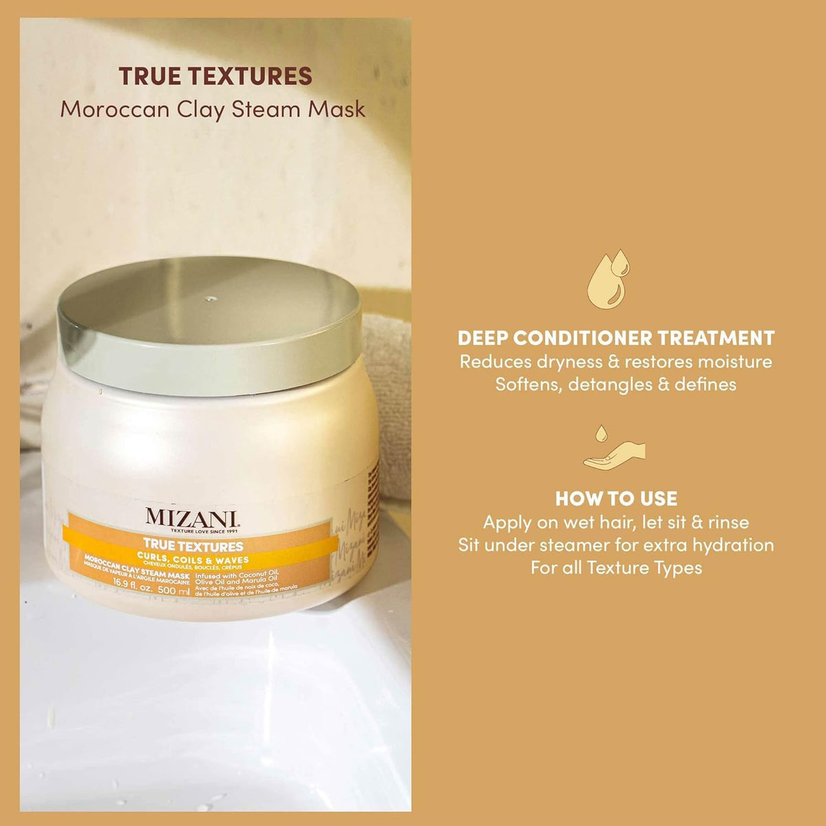 Mizani True Textures Moroccan lava clay with olive oil for nourishment.