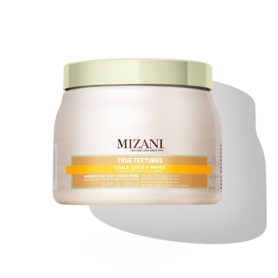 Mizani True Textures Moroccan Clay Steam Mask jar closeup for deep conditioning.