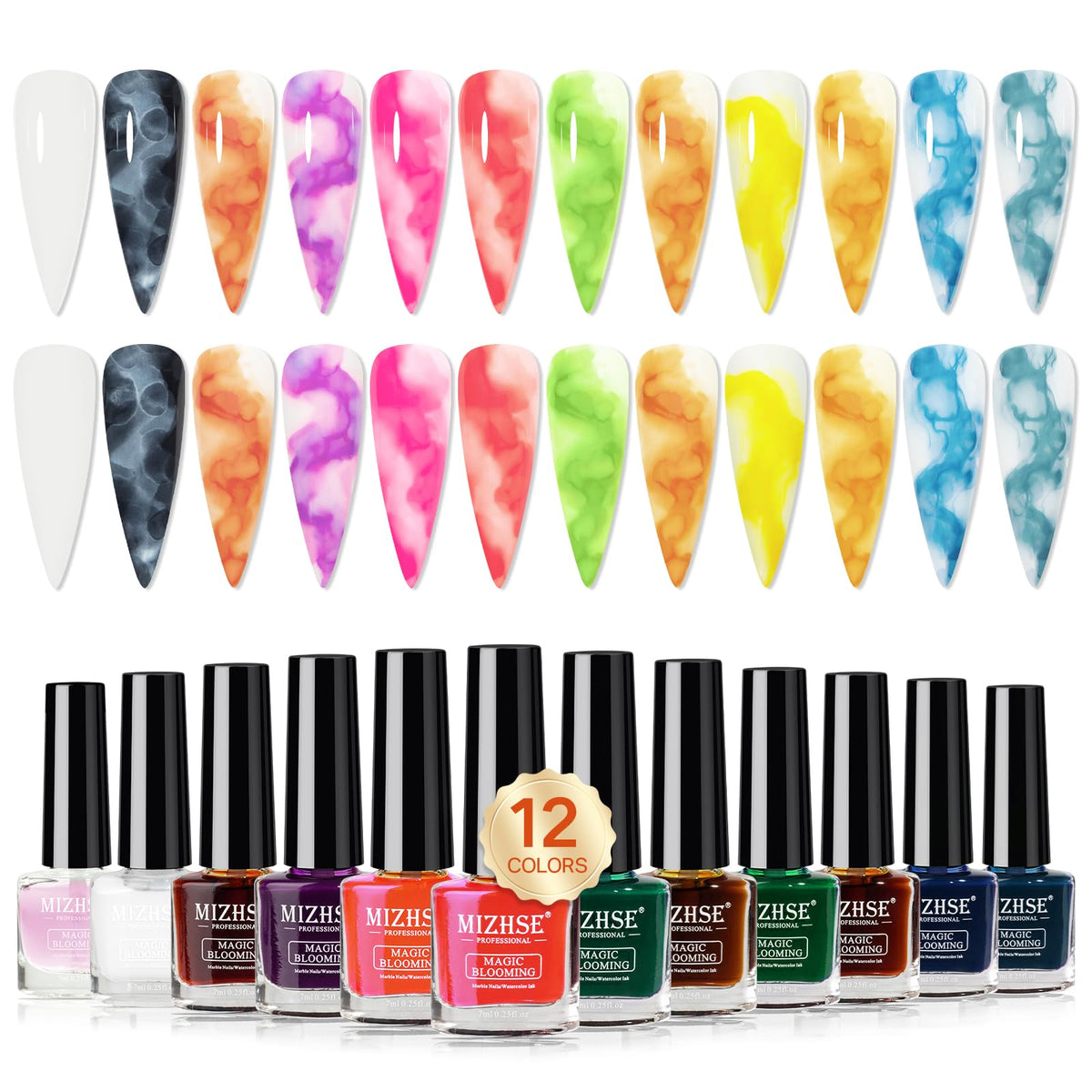 MIZHSE marble nail polish set with 12 colors in a gift-ready box for at-home manicures.