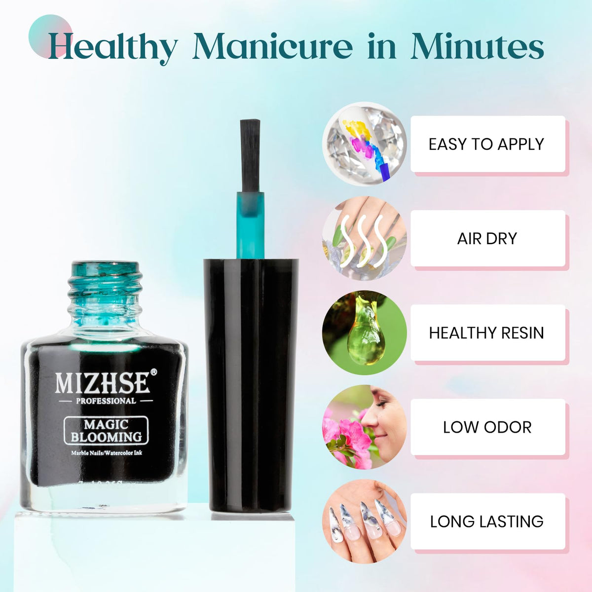 MIZHSE Marble Nail Polish finished art nails with watercolor-inspired glow