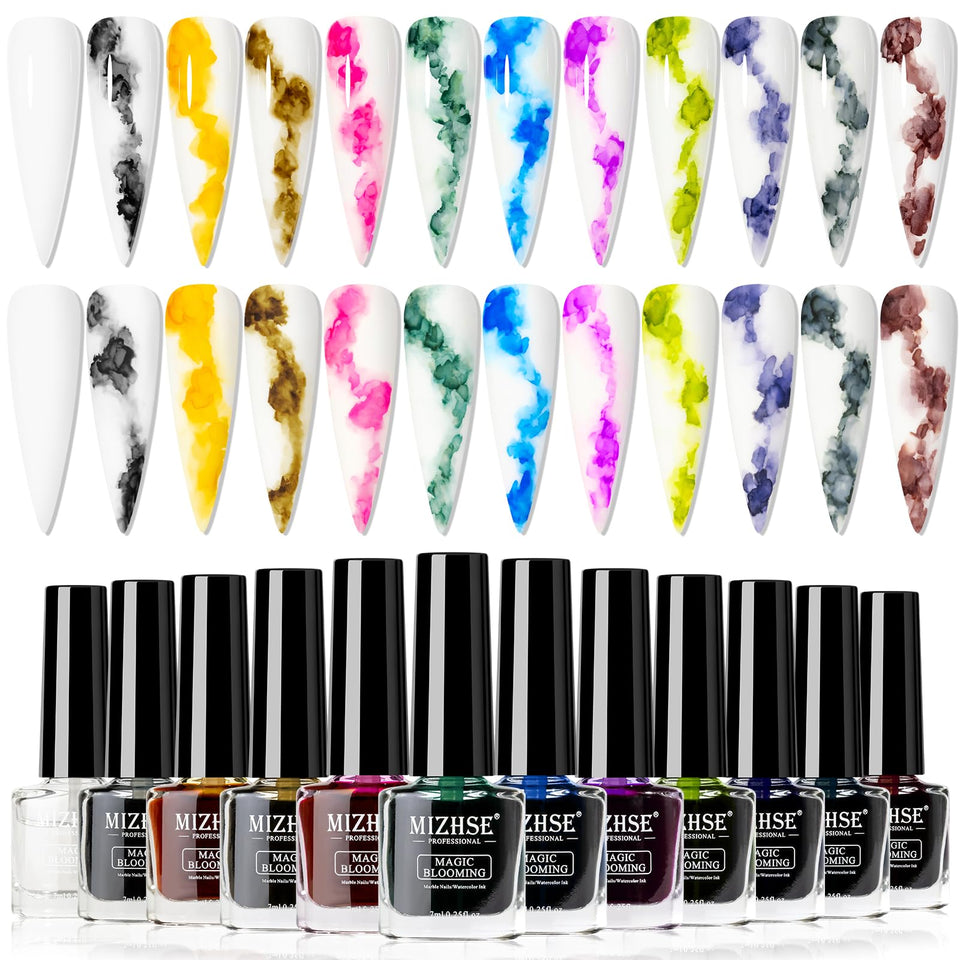 MIZHSE Marble Nail Polish swatches show watercolor bloom nails