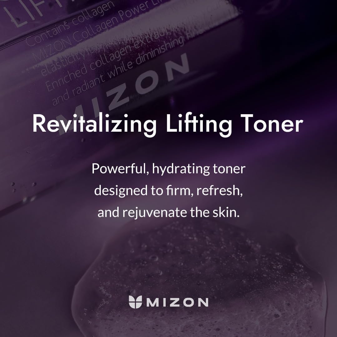 MIZON Collagen Power Lifting Toner bottle close-up pour showing refreshing feel for skin