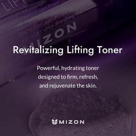 MIZON Collagen Power Lifting Toner bottle close-up pour showing refreshing feel for skin