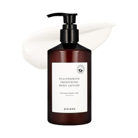 MIZON Niacinamide Smoothing Body Lotion bottle promotes even skin tone and hydration.