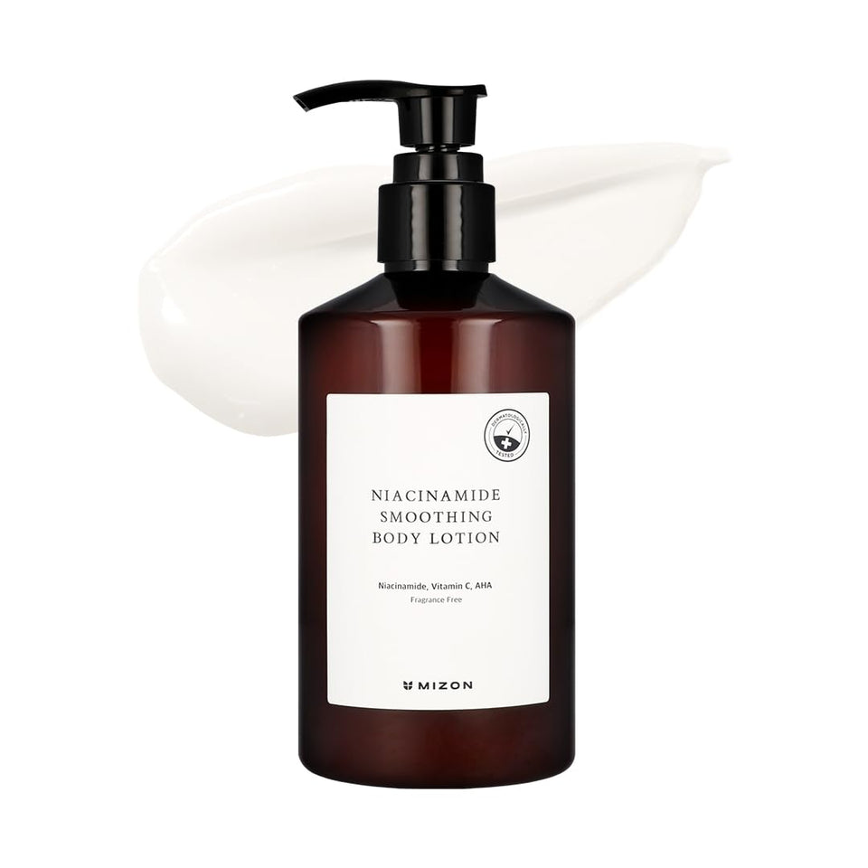MIZON Niacinamide Smoothing Body Lotion bottle promotes even skin tone and hydration.