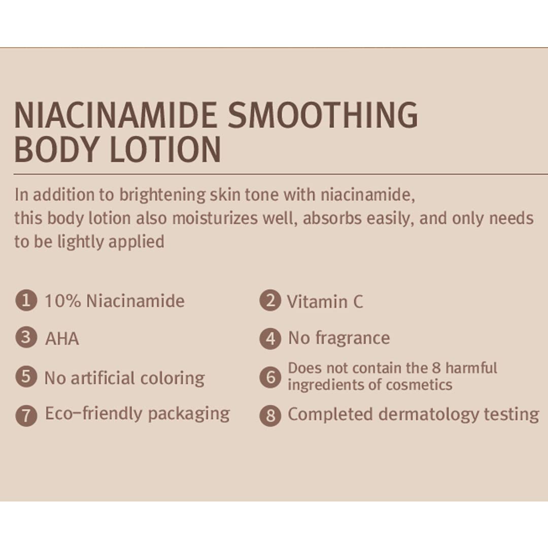 MIZON Niacinamide Smoothing Body Lotion with hyaluronic acid delivers gentle hydration.
