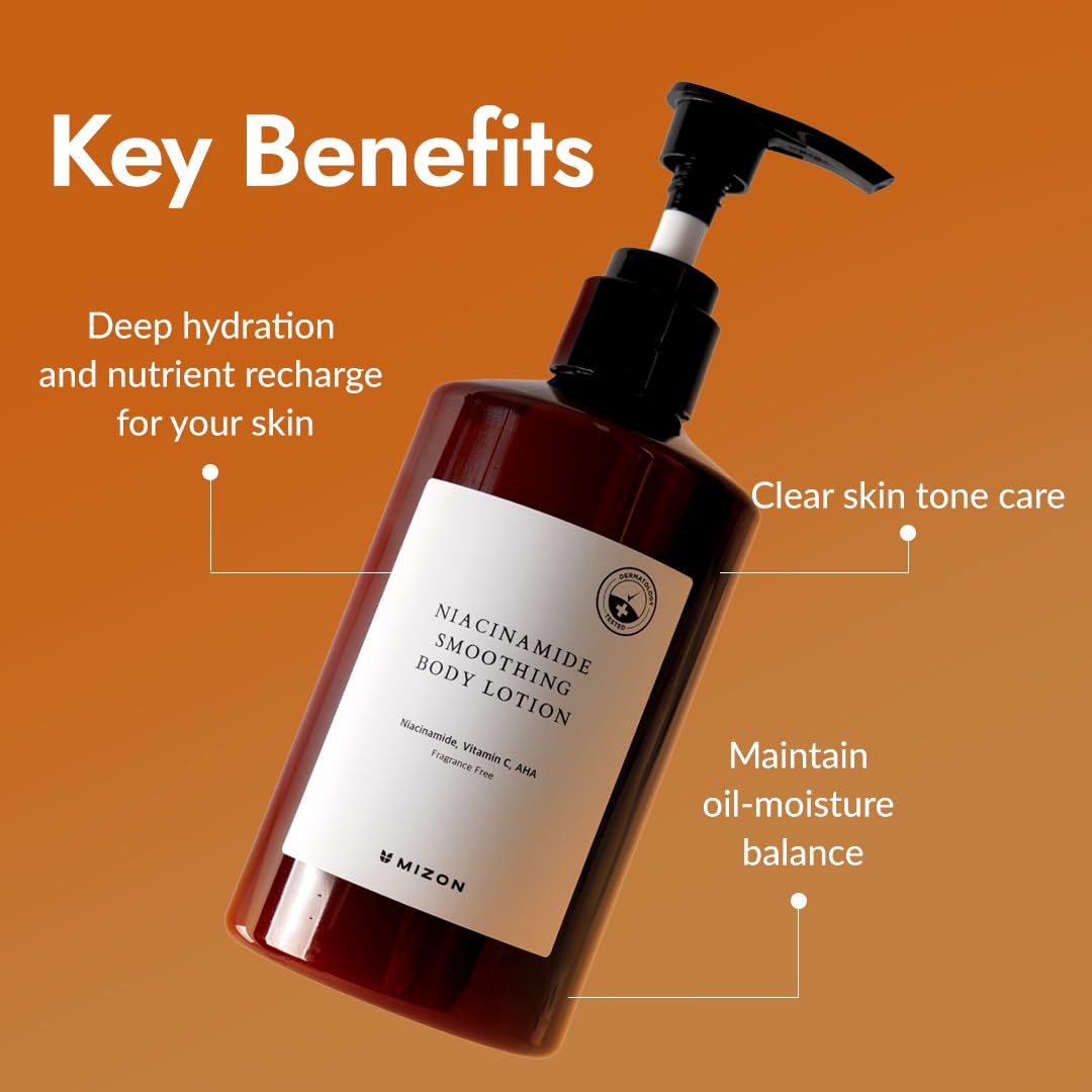 MIZON Niacinamide Smoothing Body Lotion pump shows easy, fast-absorbing application.