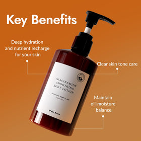 MIZON Niacinamide Smoothing Body Lotion pump shows easy, fast-absorbing application.
