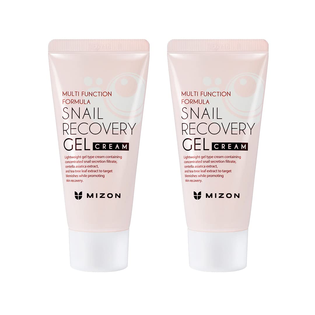 MIZON Snail Recovery Gel Cream duo packaging highlights fragrance-free formula for calm, protected skin.