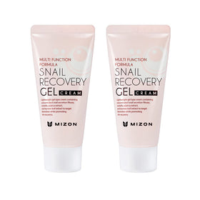 MIZON Snail Recovery Gel Cream duo packaging highlights fragrance-free formula for calm, protected skin.