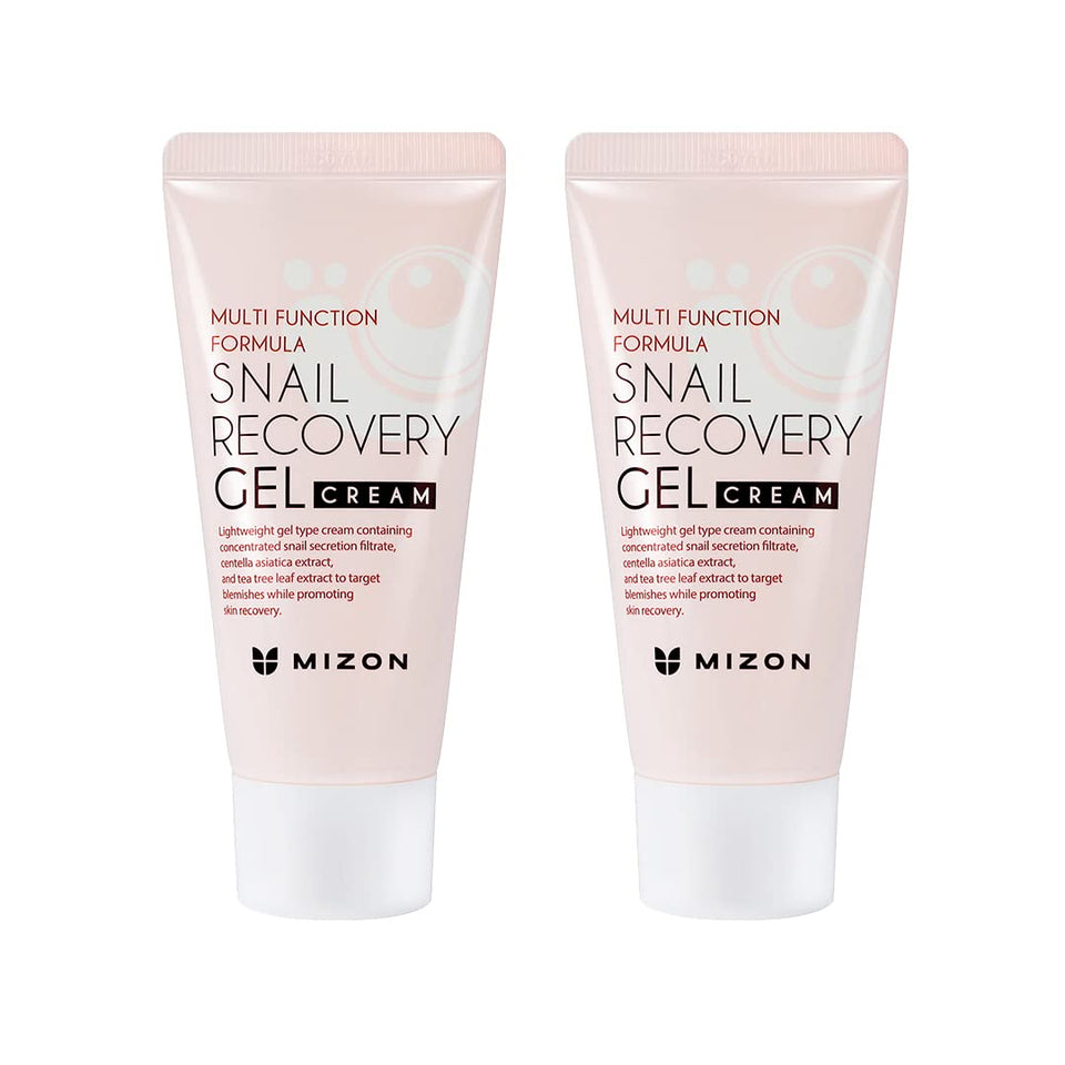 MIZON Snail Recovery Gel Cream duo packaging highlights fragrance-free formula for calm, protected skin.