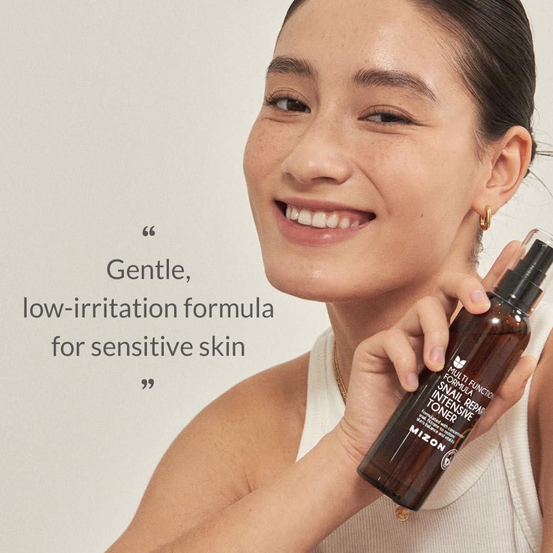 MIZON Snail Repair Intensive Toner flat lay suggests a simple daily routine