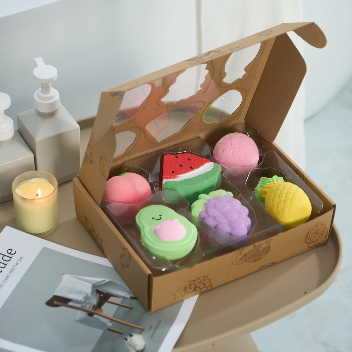MJ Moijoy peach bath bomb XL with sweet scent and surprise inside.