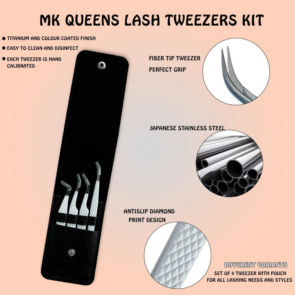 MK QUEENS lash tweezers fiber tip coating for smooth grip and reduced friction.