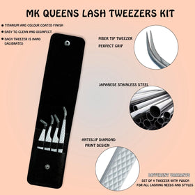 MK QUEENS lash tweezers fiber tip coating for smooth grip and reduced friction.