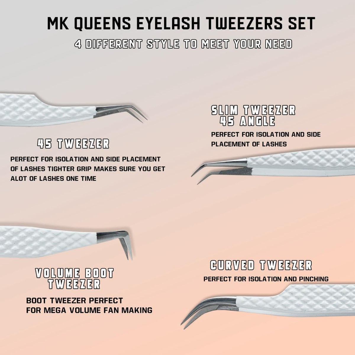 MK QUEENS lash tweezers long isolation for clean, isolated lashes during extensions.