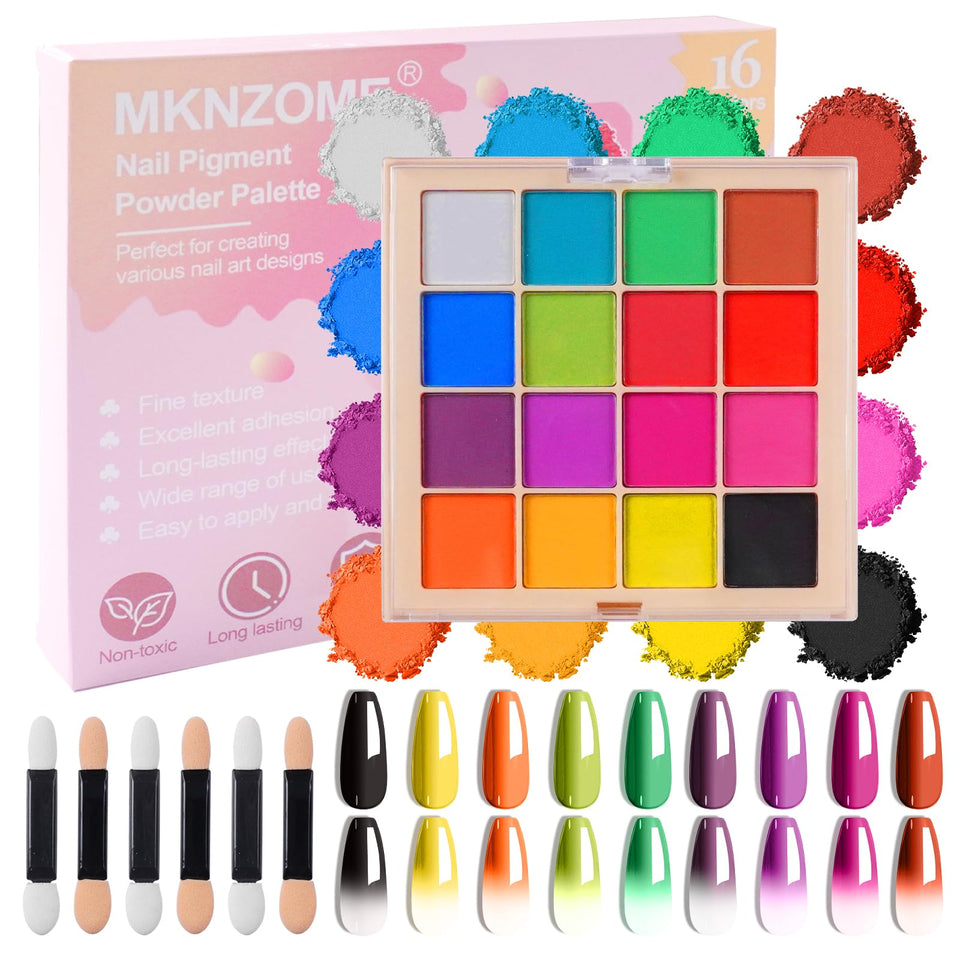 MKNZOME 16-color nail pigment palette for vibrant ombre and art designs with long-lasting shine.