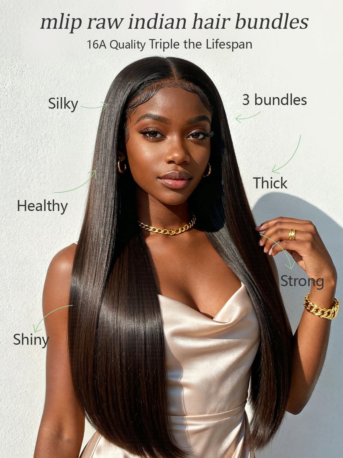 MLIP raw Indian hair bundles 18-inch close-up highlights durable weft and strength.