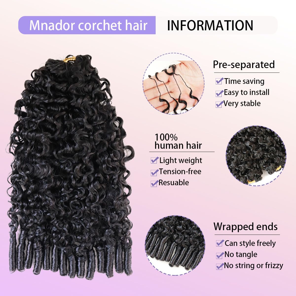 Mnador Burmese curly crochet hair pack side view shows lightweight full look.