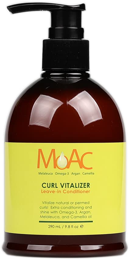 Moac Curl Vitalizer bottle on shelf showcasing lightweight hydration for defined curls.