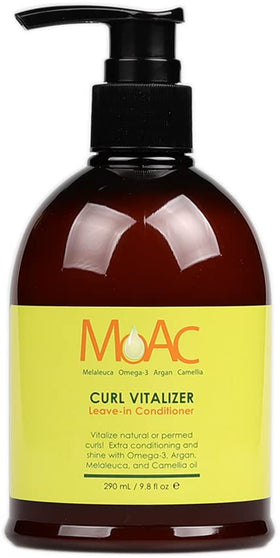 Moac Curl Vitalizer bottle on shelf showcasing lightweight hydration for defined curls.