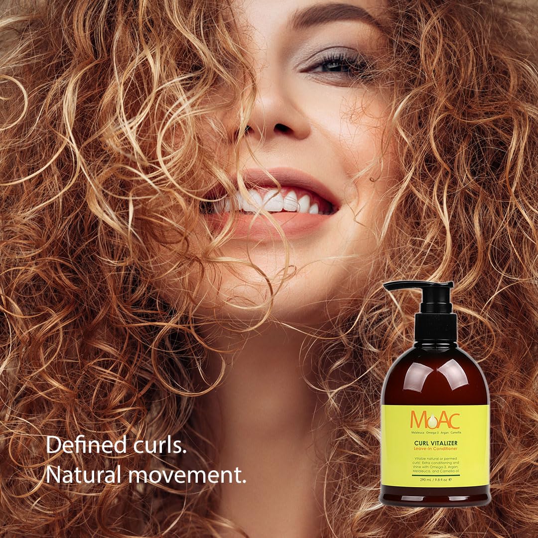 Moac Curl Vitalizer in a lifestyle scene highlighting lightweight hydration for all hair types.