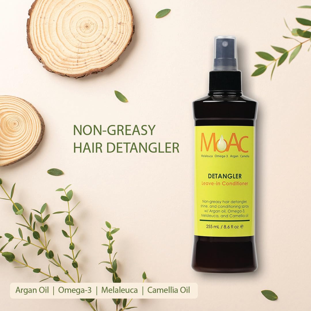 Moac Detangler hair-softening action highlights lightweight, non-greasy formula