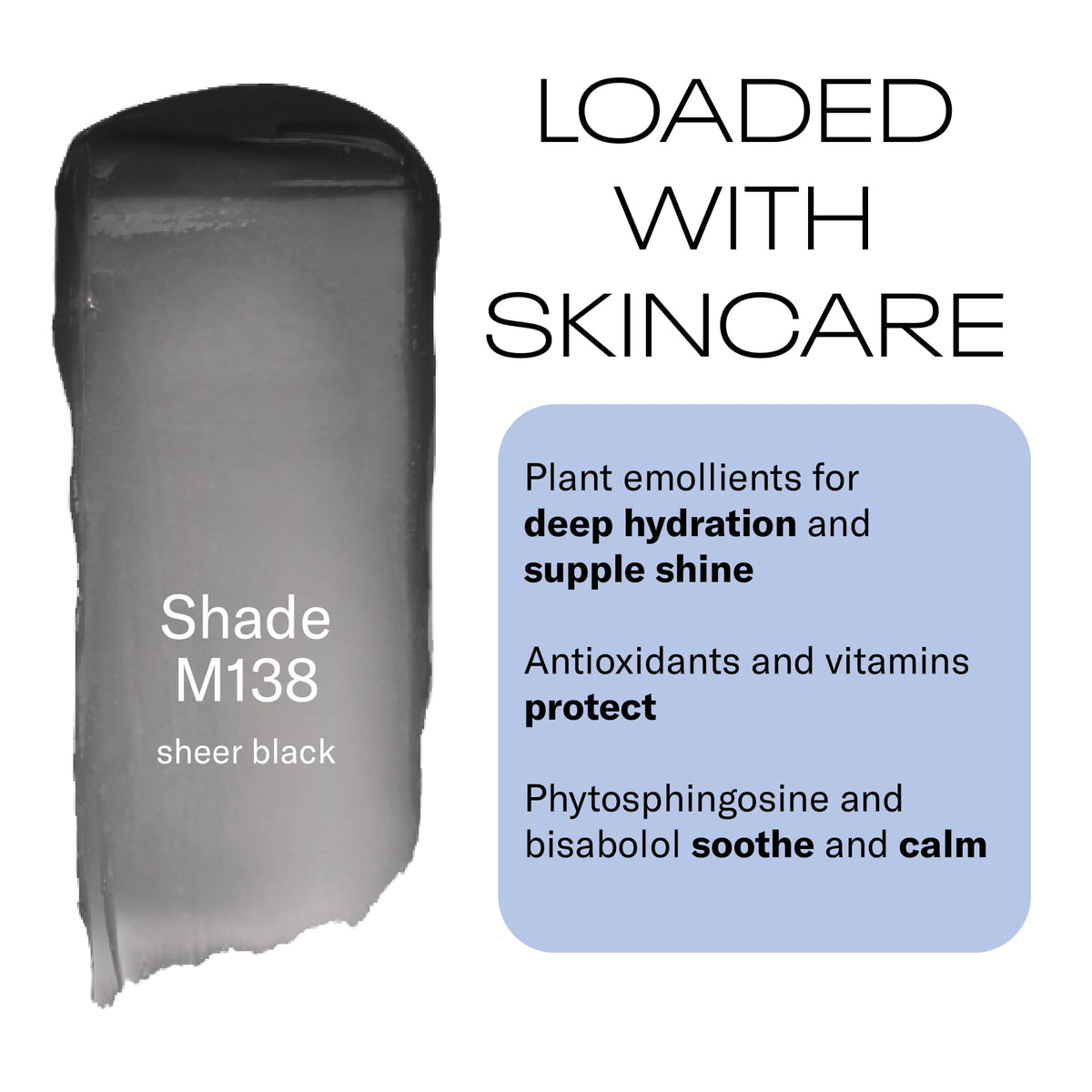 Swatch of MOB Beauty M138 black tint lip balm showing buildable shine