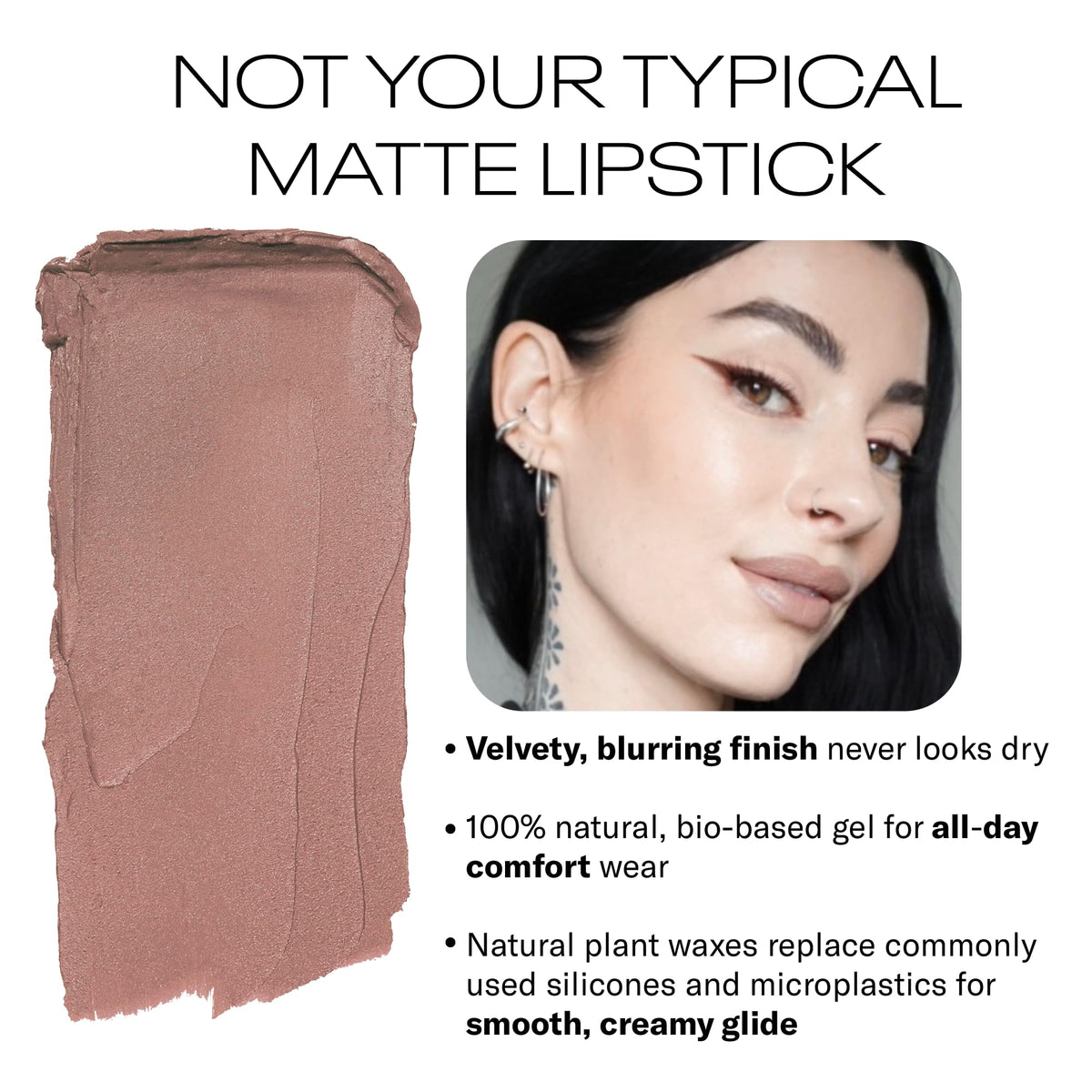 MOB Beauty Soft Matte Lipstick M102 Mauve Greige applied for weightless blur and even color