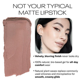 MOB Beauty Soft Matte Lipstick M102 Mauve Greige applied for weightless blur and even color