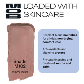 MOB Beauty Soft Matte Lipstick M102 Mauve Greige swatch reveals rich pigment and smooth finish