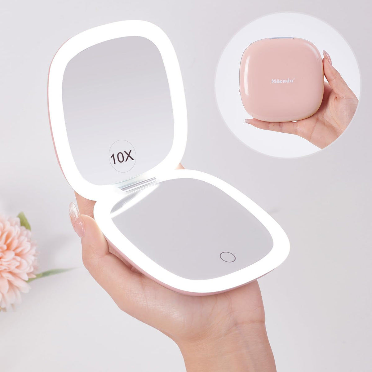 Mocado compact LED travel mirror with 1x and 10x magnification for makeup checks