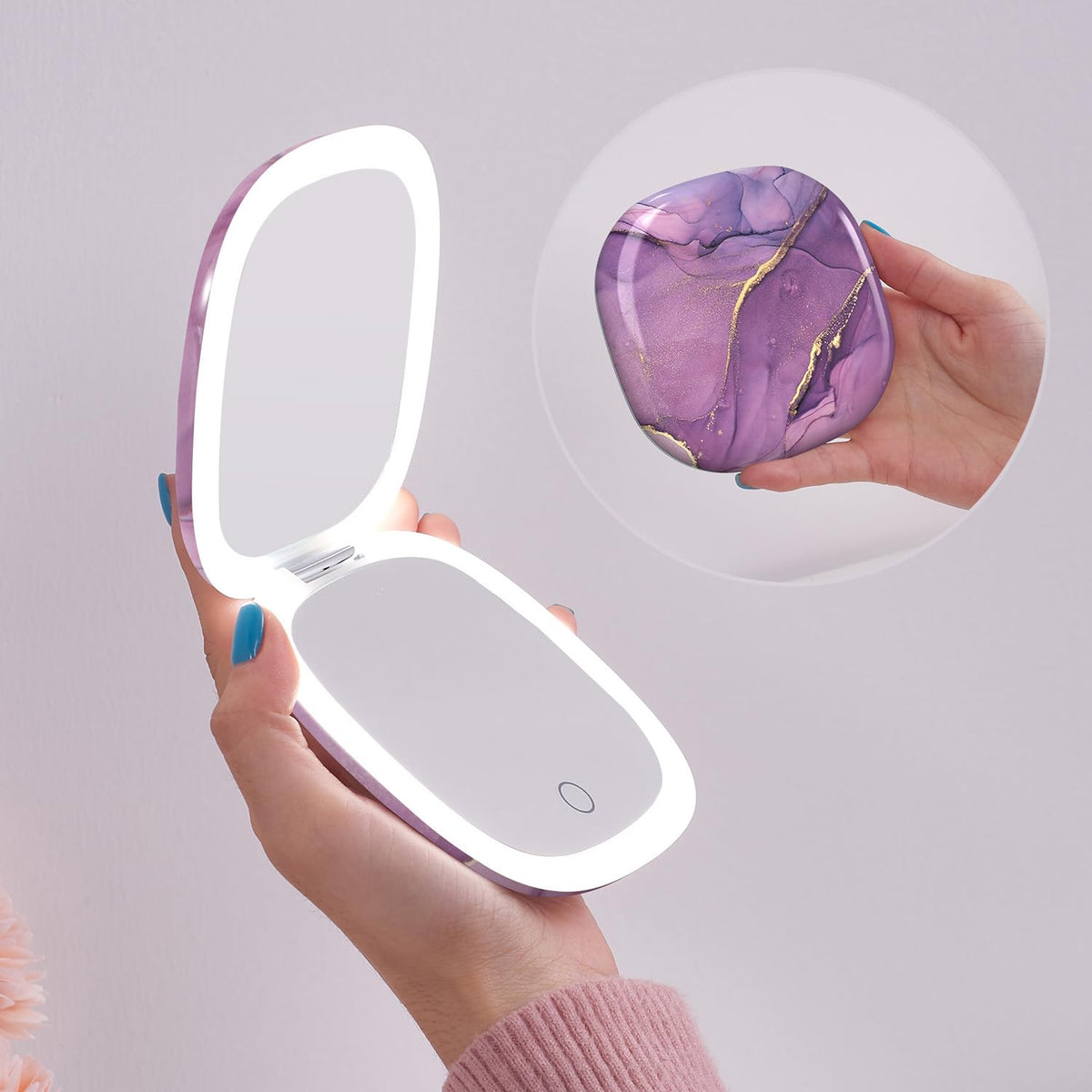 Mocado compact LED travel mirror: 4-inch, 1X/10X magnification for on-the-go makeup.